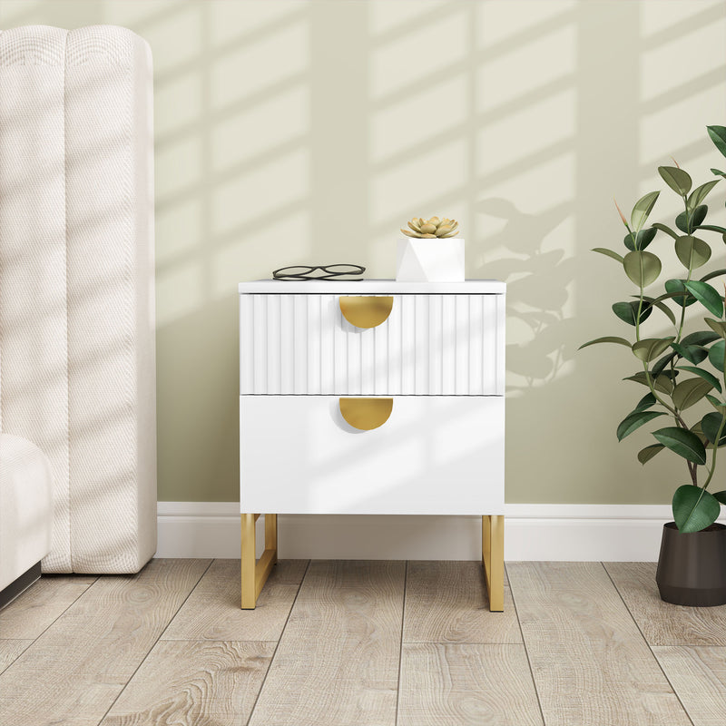 White 2 Drawer Bedside Table with Gold Legs Elegant Design by HOMCOM