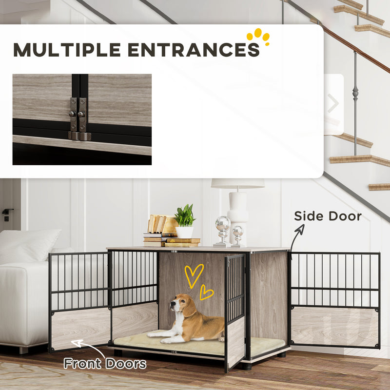 Large Dog Crate End Table with Washable Cushion and Triple Doors for Indoor Use Grey