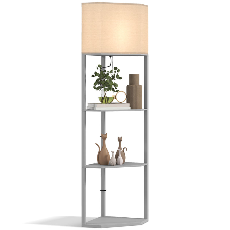 Grey Corner Floor Lamp with Shelves Tall Standing Light for Living Room Pull Chain Switch by HOMCOM