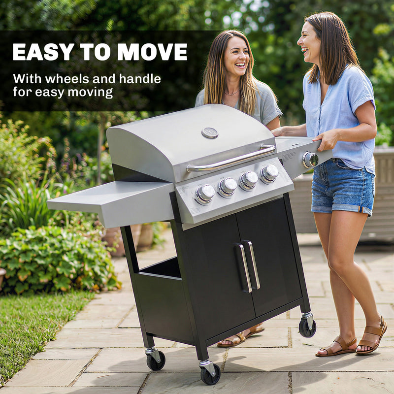 4 Burner Gas BBQ Grill with Side Burner and Warming Rack for Easy Outdoor Cooking Black Outsunny