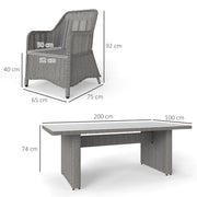 Grey 6 Seater Rattan Patio Dining Set With Cushions and Glass Top Table by Outsunny