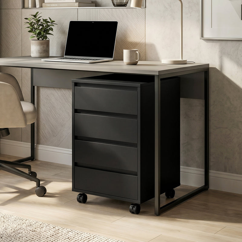 Office Storage Cabinet with 4 Drawers and Lockable Wheels for Tidy Desks Black