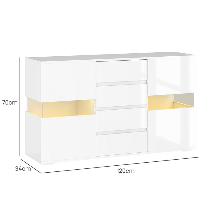 White High Gloss LED Sideboard Cabinet with Storage Shelves and Modern Design