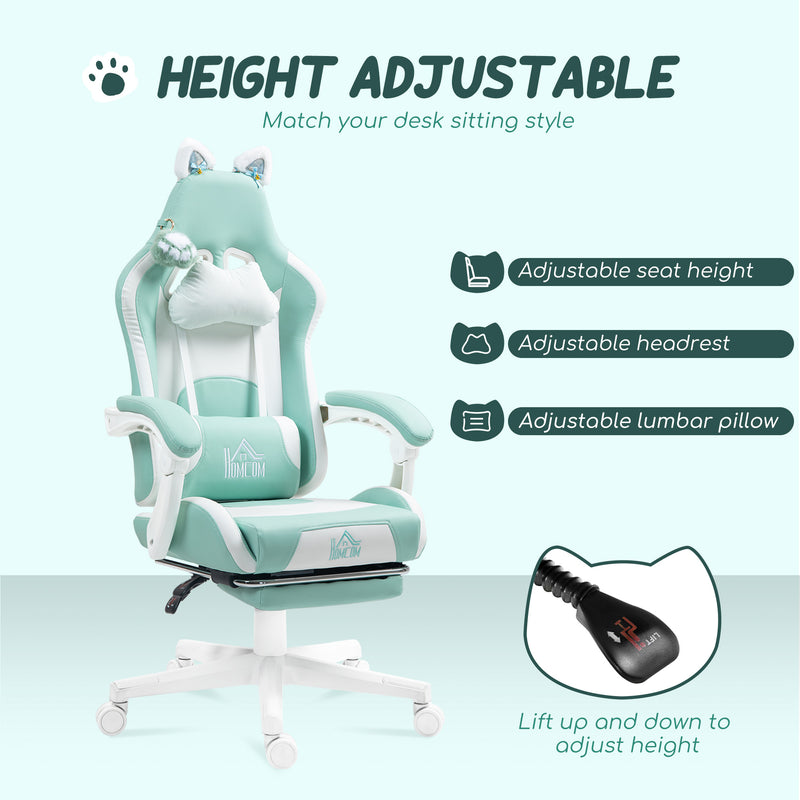 Reclining Office Chair with Cat Ear Design and Footrest for Home or Study Light Blue White