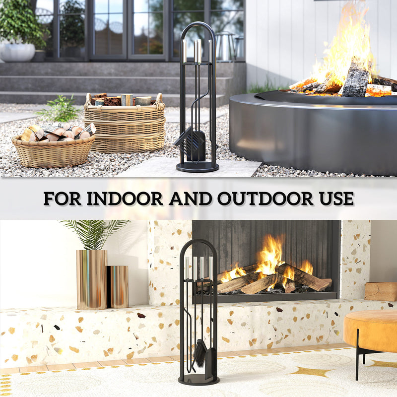 5 Piece Metal Fireplace Tool Set With Brush Shovel Poker and Ash Bucket, Black & Silver