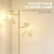 Modern Floor Lamp with Adjustable Dual Heads and Floral Glass Shades for Living Room Gold