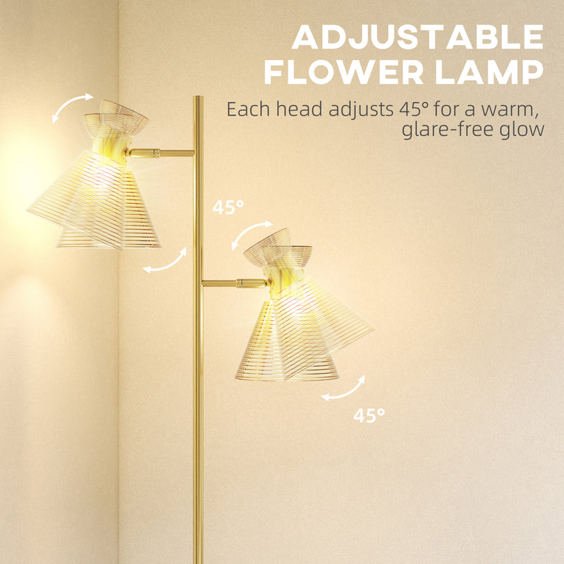 Modern Floor Lamp with Adjustable Dual Heads and Floral Glass Shades for Living Room Gold