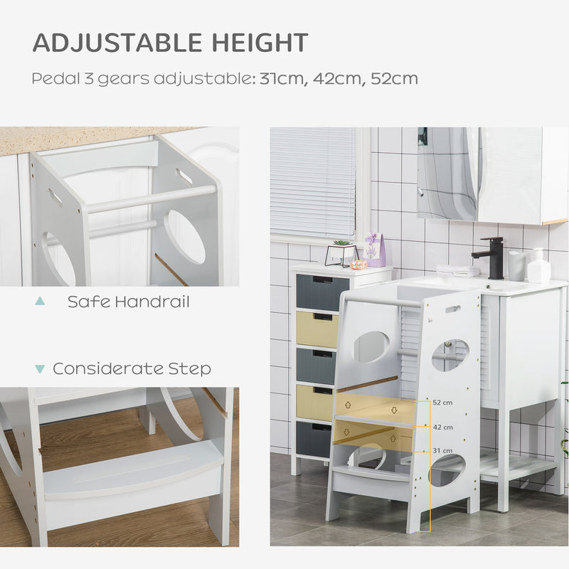 Grey Toddler Kitchen Step Stool With Adjustable Platform For Safe Independent Standing
