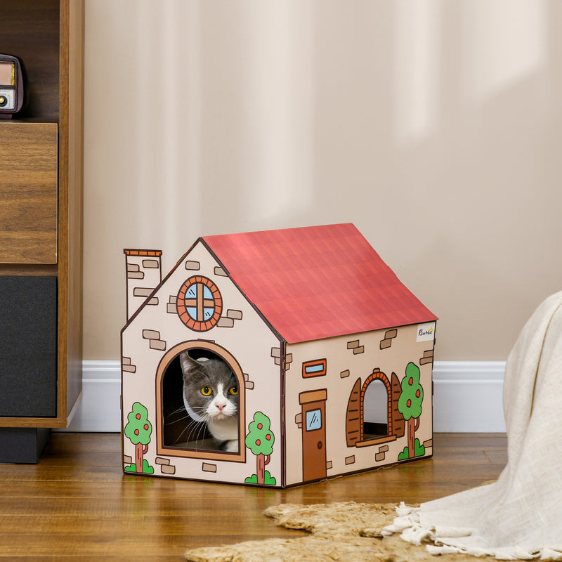 Two in One Cat House with Scratching Board and Catnip for Indoor Cats Brown
