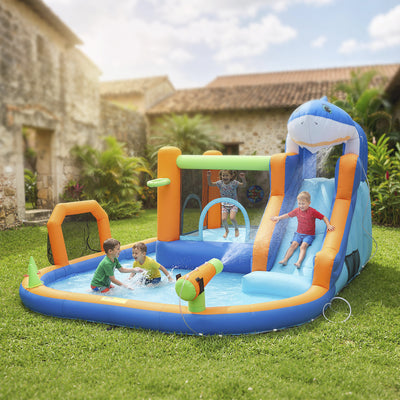 Kids Inflatable Bouncy Castle with Water Slide and Ball Pit for Garden Play Blue Orange AOSOM