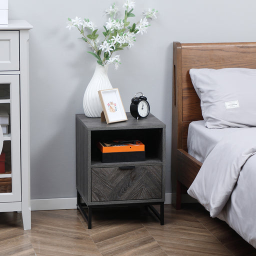 Bedside Table with Drawer and Open Shelf for Bedroom or Lounge with Steel Legs Dark Grey