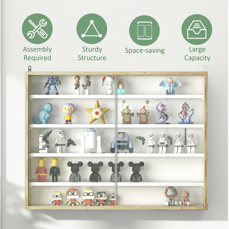 5 Tier Wall Display Cabinet with Glass Doors and Adjustable Shelves for Home Office Natural