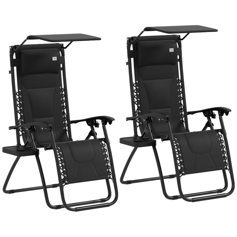 Set of 2 Black Zero Gravity Outdoor Lounger Chairs With Shade Cup Holder and Padded Seat by Outsunny