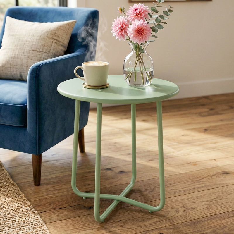 Small Round Garden Side Table with Sturdy Metal Frame and Adjustable Feet for Stable Outdoor Use Green Outsunny