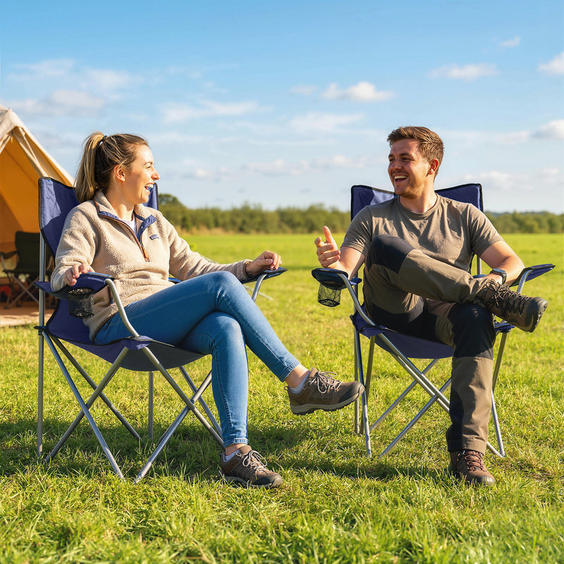 Folding Camping Chair Set of 2 with High Back and Cup Holder for Garden or Campsite Dark Blue