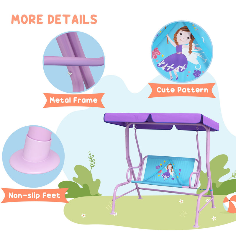 Fairy Themed Kids Garden Swing Seat For Two With Adjustable Canopy And Safety Harnesses