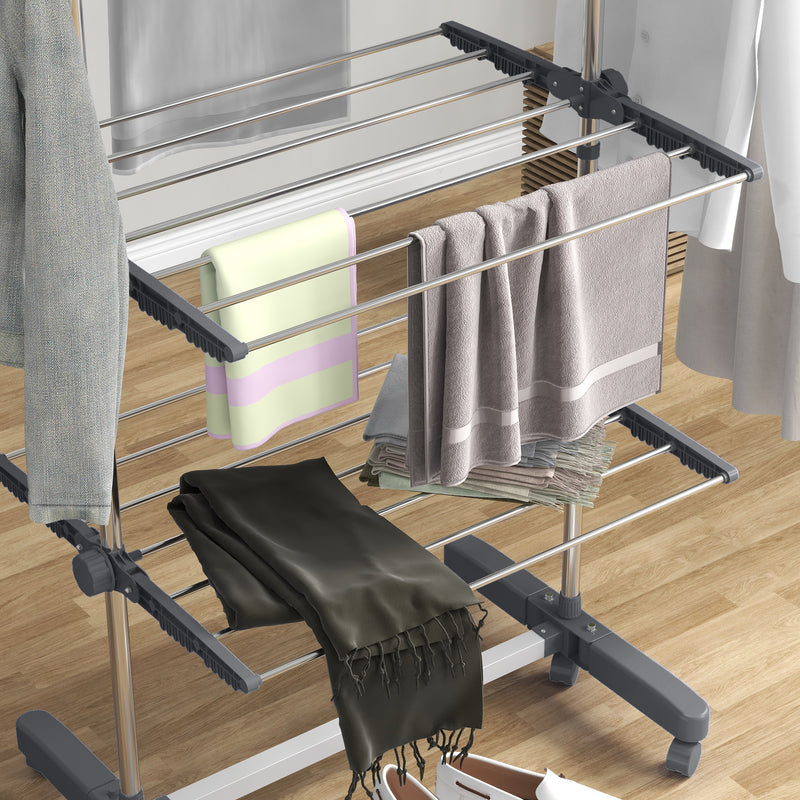 Foldable Clothes Drying Rack with Side Arms and Wheels for Indoor Use, Grey