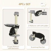 Four Piece Cat Wall Furniture Set With Hammock Ladder and Scratch Post Grey