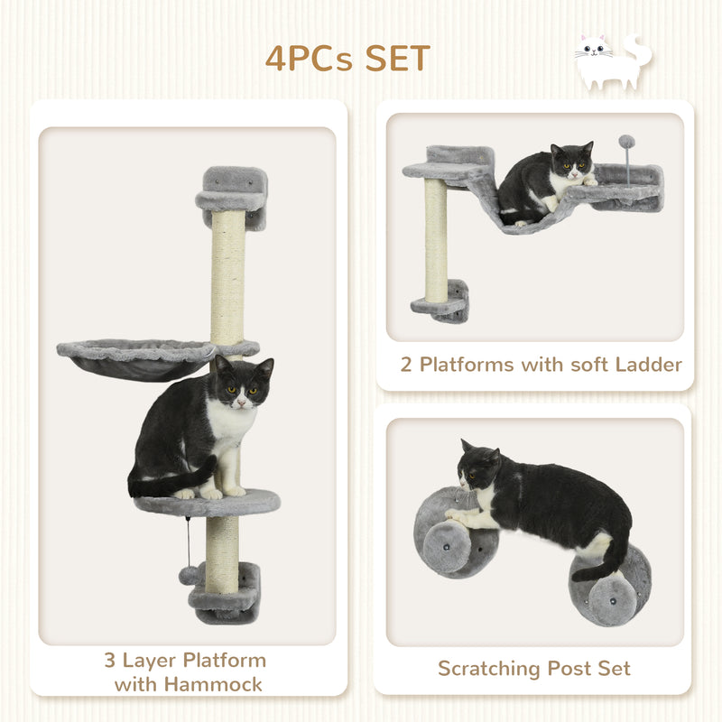 Four Piece Cat Wall Furniture Set With Hammock Ladder and Scratch Post Grey