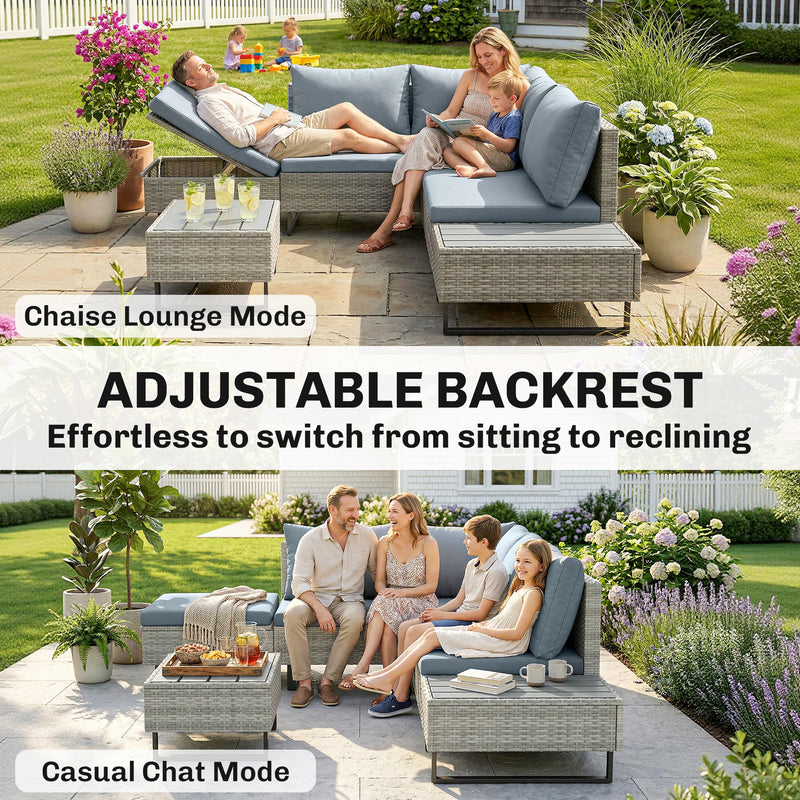 Rattan Corner Sofa Set with Adjustable Backrest for Spacious Outdoor Lounging, Grey