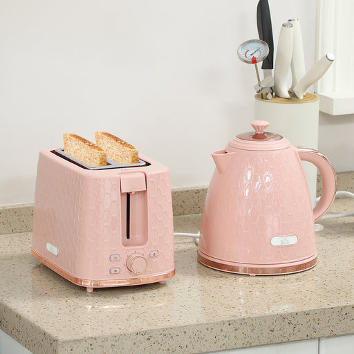 1.7L Fast Boil Kettle and 2 Slice Toaster Set with Auto Shut Off Ideal for Busy Mornings, Light Pink