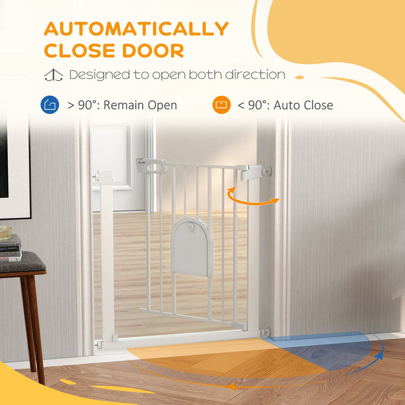 Pressure Fit Pet Safety Gate with Cat Flap and Double Lock For Stairs and Doorways White