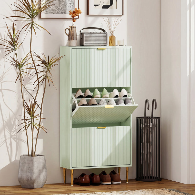 Slim Shoe Cabinet for Hallway Organisation with Flip Drawers and Adjustable Shelves Light Green