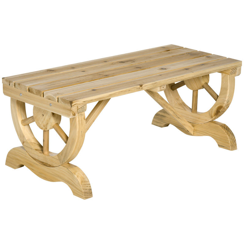 2 Seater Wooden Garden Bench with Rustic Slatted Seat and Decorative Wheel Legs for Patio