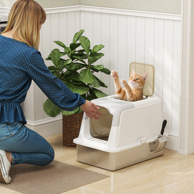 Extra Large Enclosed Stainless Steel Cat Litter Box With Scoop and Top Exit, Silver