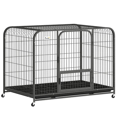 Heavy Duty Steel Dog Crate for Large Breeds with Easy Access and Lockable Wheels Black Pawhut