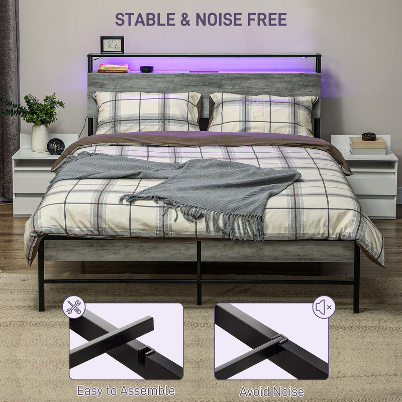 Grey Double Steel Bed Frame with LED Lights and Headboard Shelf by HOMCOM