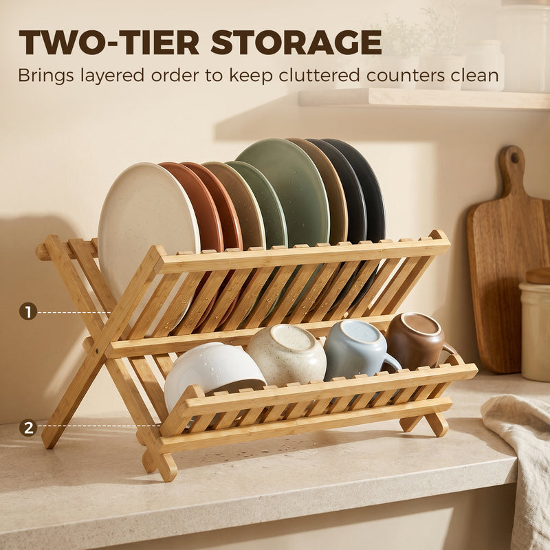 Foldable Bamboo Dish Drying Rack for Small Kitchens Two Tier Space Saving Natural Wood