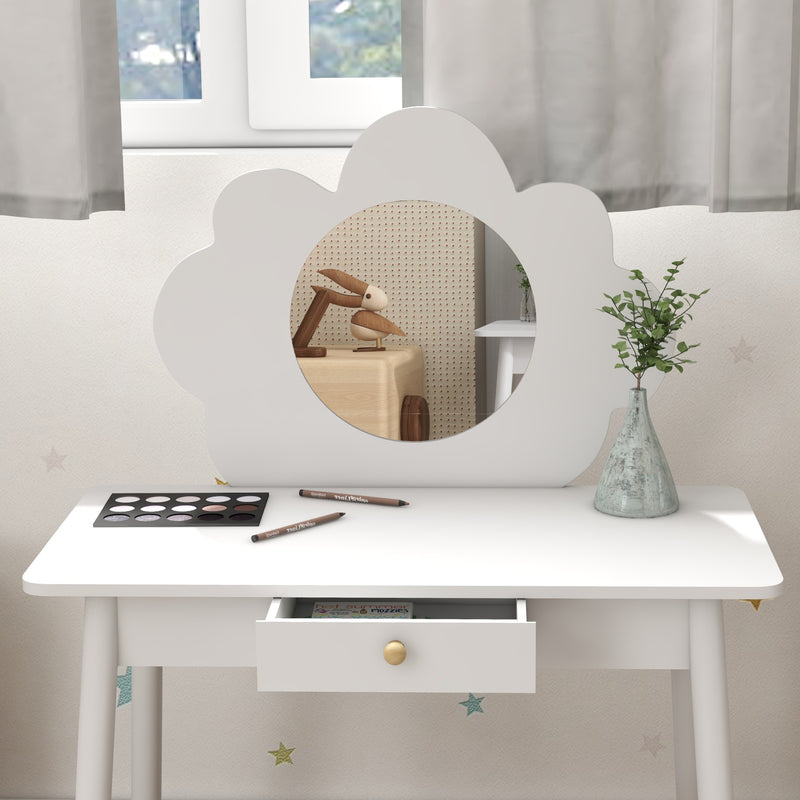 White Kids Dressing Table with Mirror Stool and Drawer Cloud Design by AIYAPLAY
