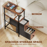 Slim Bedside Table With USB Charging Station and 2 Storage Drawers For Bedroom or Living Room, Industrial Style