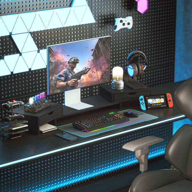 Dual Monitor Stand Riser with 2 Drawers Adjustable Length for PC Laptop and Printer Black by HOMCOM