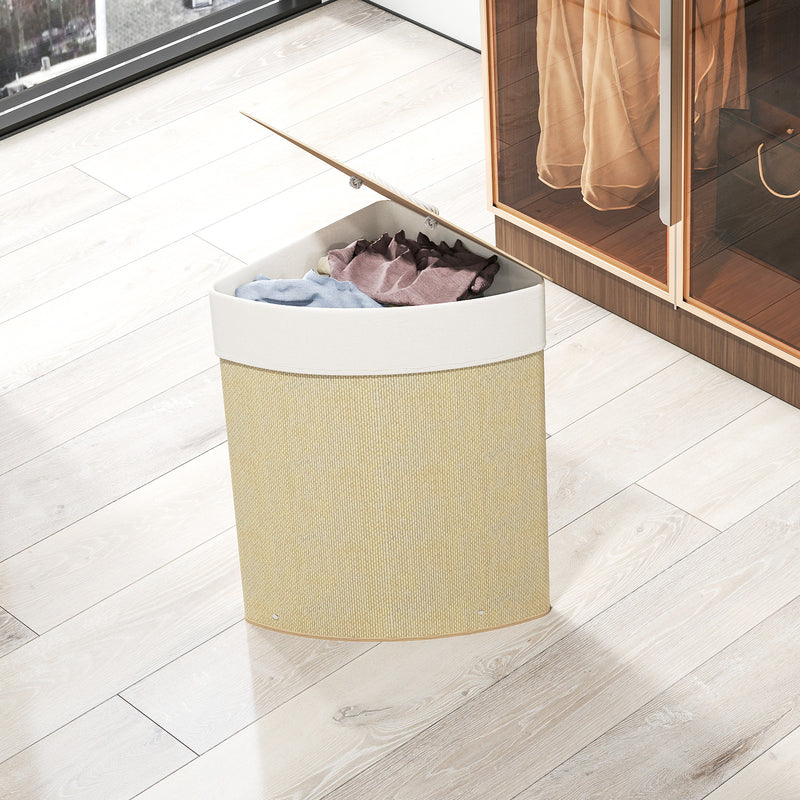 Bamboo Corner Laundry Basket With Lid 55L Removable Liner Bathroom Hamper