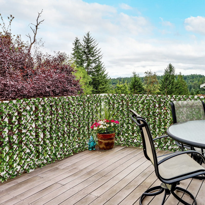 Expandable Garden Trellis Fence with Faux Eucalyptus Leaves for Patio or Balcony Privacy