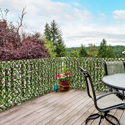 Expandable Garden Trellis Fence with Faux Eucalyptus Leaves for Patio or Balcony Privacy