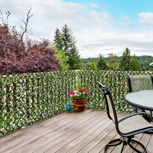 Expandable Garden Trellis Fence with Faux Eucalyptus Leaves for Patio or Balcony Privacy