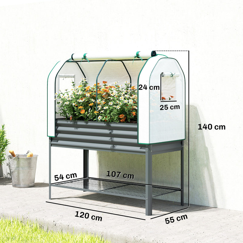 Raised Garden Planter With Greenhouse Cover And Tool Shelf For Easy Gardening Dark Grey Outsunny