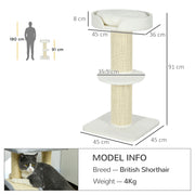 2 Tier Cat Tree with Basket Bed and Sisal Scratching Posts for Indoor Cats Cream White