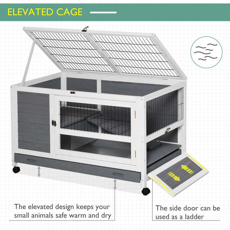 Elevated Wooden Rabbit Hutch with Slide Out Tray for Indoor Use Guinea Pig Cage Grey AOSOM