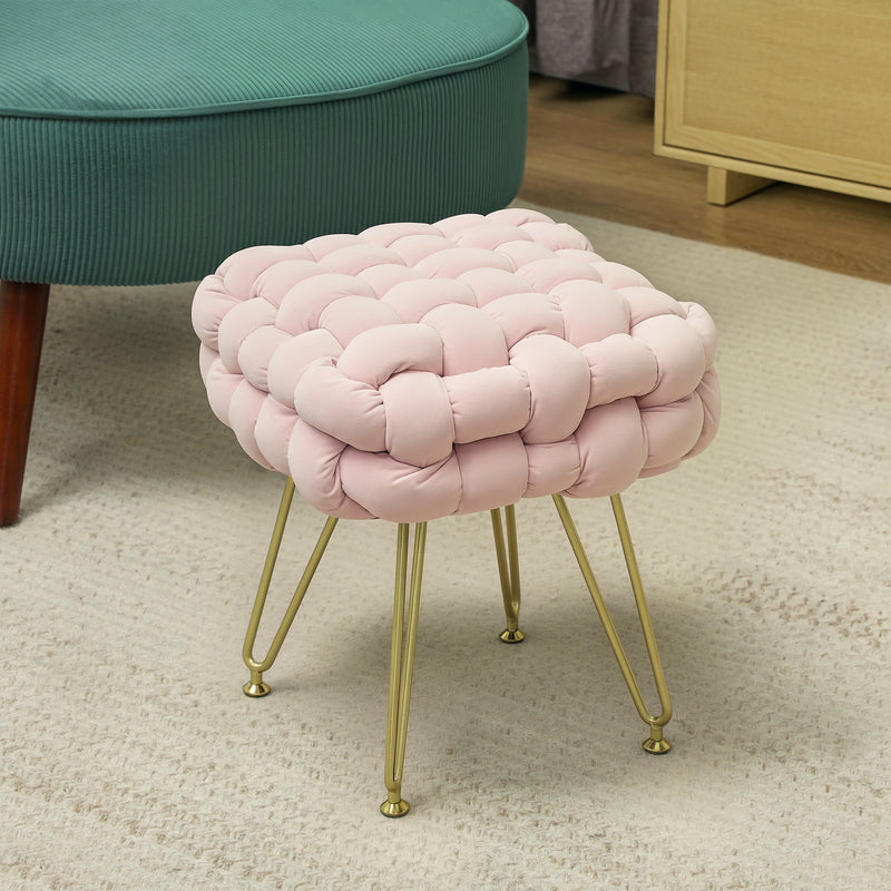Pink Velvet Feel Woven Square Footstool with Gold Legs Bold Design by HOMCOM