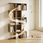HOMCOM 5-Tier Bookshelf, S Shaped Geometric Bookcase with 15 Compartments, Rustic Brown AOSOM