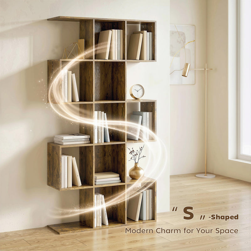 HOMCOM 5-Tier Bookshelf, S Shaped Geometric Bookcase with 15 Compartments, Rustic Brown AOSOM