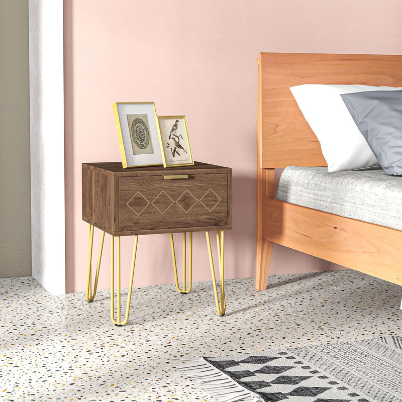 Modern Wooden Bedside Table with Drawer and Gold Legs Ideal for Bedroom Use Grey
