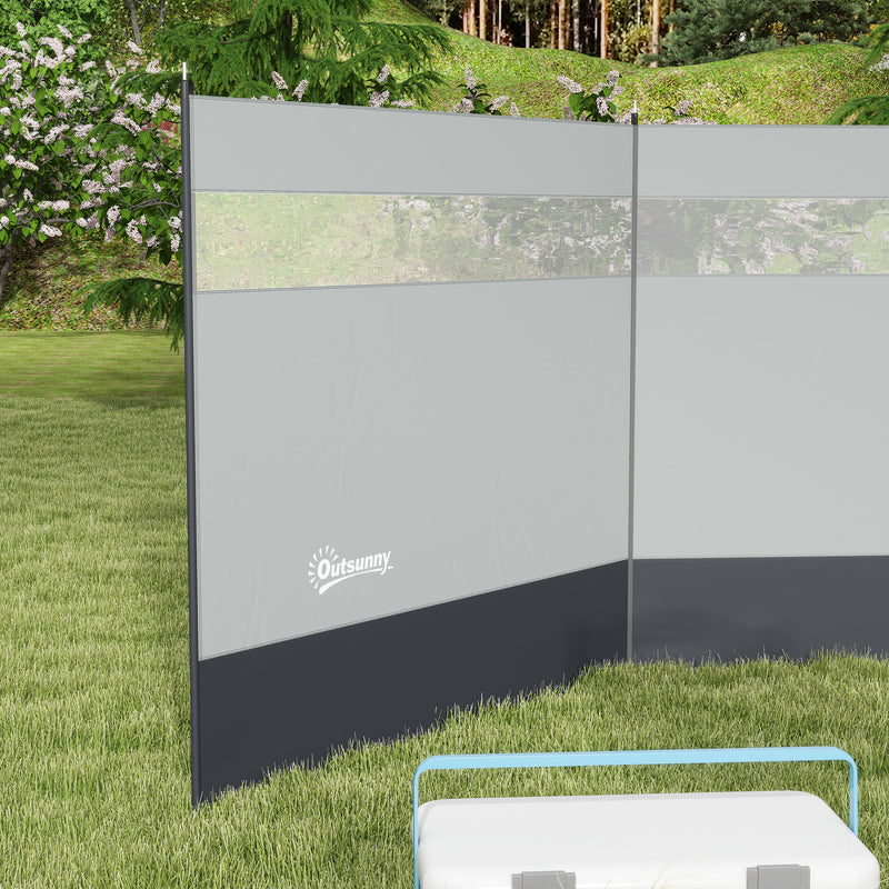 Camping Windbreak with Clear Windows and Steel Poles for Beach or Caravan Grey AOSOM