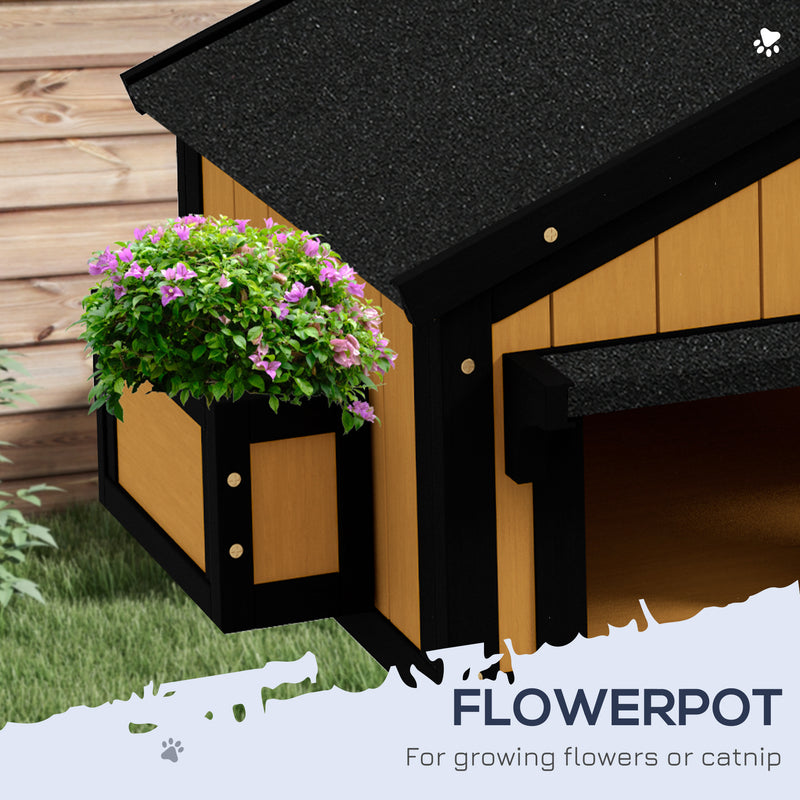 Yellow Wooden Outdoor Cat House with Plant Holder Multiple Entrances and Roof by Pawhut