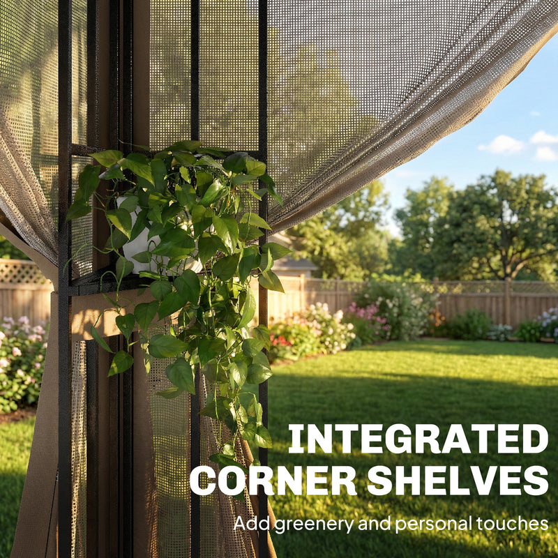 3x3.6m Metal Garden Gazebo with Mesh Sides for Shade and Insect Protection Double Roof, Khaki Outsunny