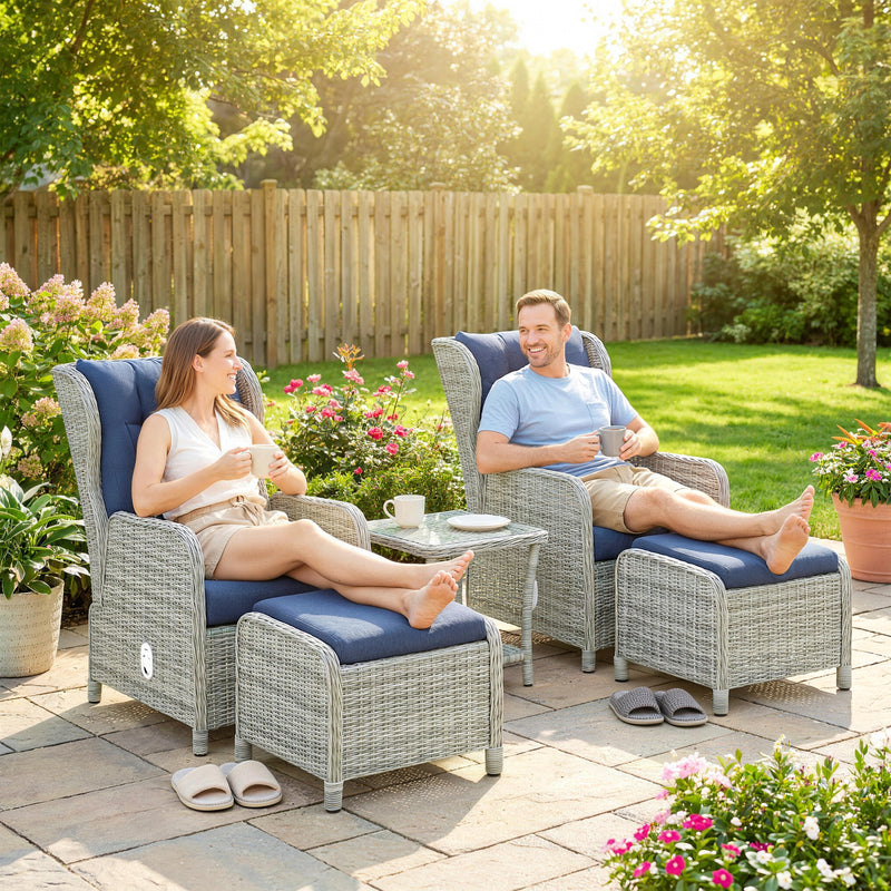 Deluxe Rattan Garden Bistro Set for 2 with Reclining Chairs Footstools and Table, Grey